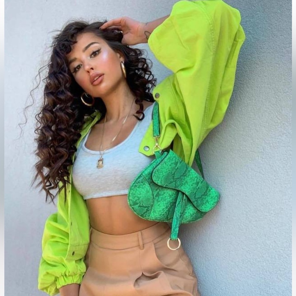 RARE 90s Fashion Nova Lime Green Cropped puff Bomber Jacket Balloon Sleeves XS - Picture 2 of 11